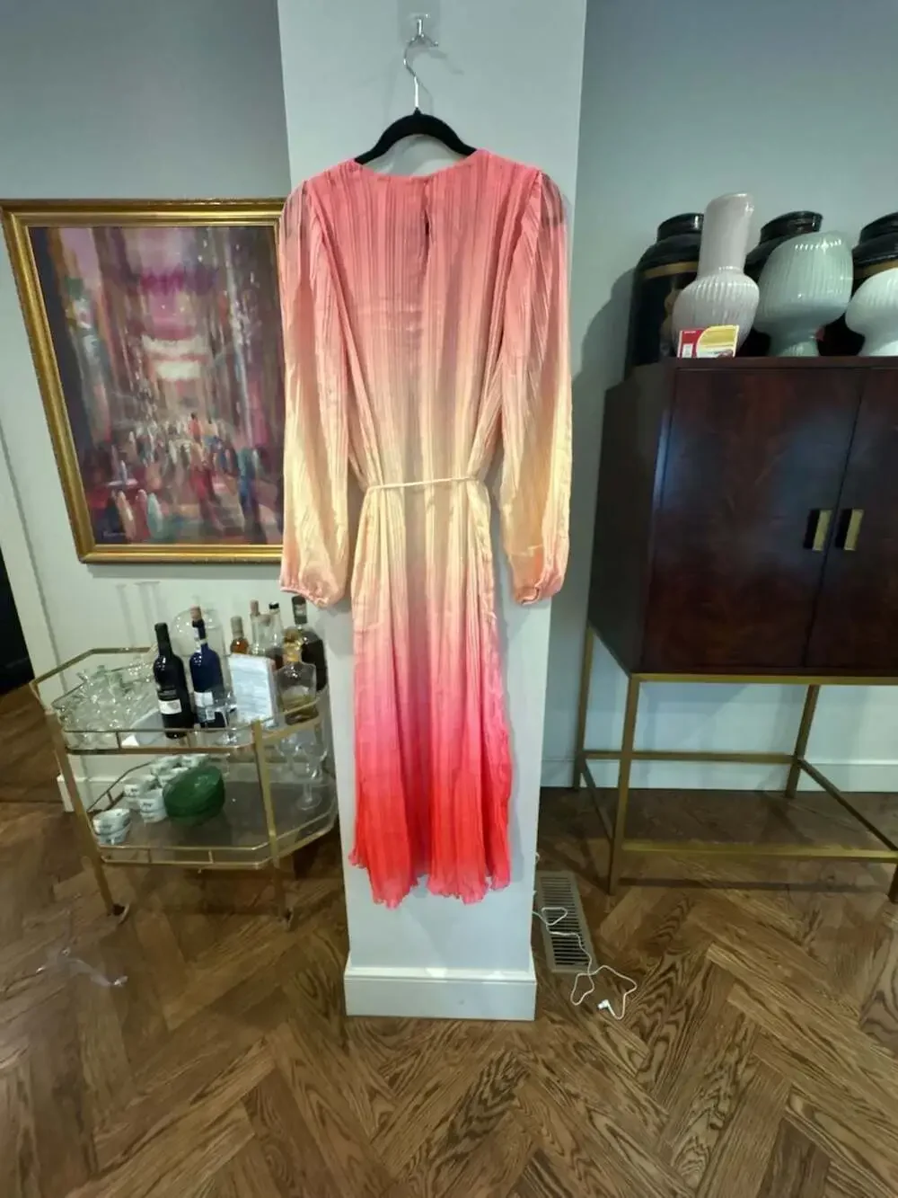 Something Navy Pleated Long Sleeve Ombre Dress Pink Combo midi XS NEW